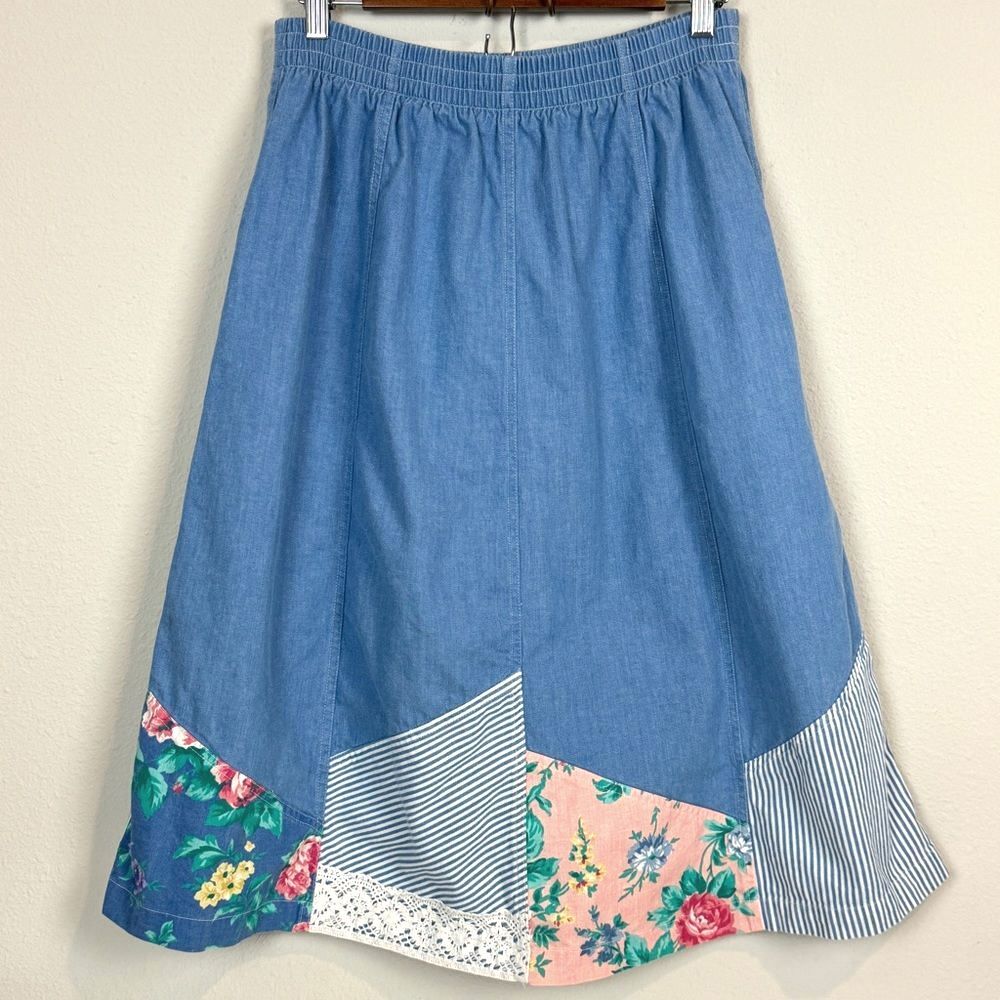 Vintage Napa Valley Chambray Patchwork A-line Midi Cottagecore Skirt PM